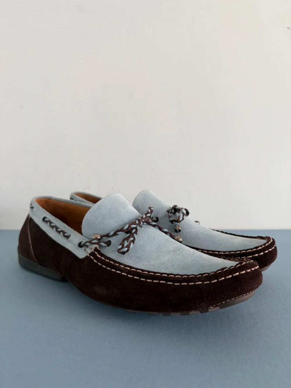 Mezlan Palermo Suede Loafers Two Tone Blue Brown Leather Dress Shoes